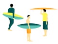 Vector illustration with serfing men with board.