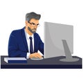 Vector Illustration. Serious man in a business suit working at a laptop.