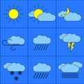 vector illustration, a set of abstract weather icons on a blue background, sun, clouds, snow, rain, lightning and others Royalty Free Stock Photo