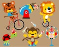 Vector illustration set of animals cartoon in circus show. Tiger and lion riding bicycle, monkey play juggling, turtle with cone