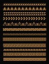 Vector illustration set of antique greek borders and seamless ornaments in golden color on black background in flat Royalty Free Stock Photo