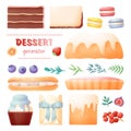 Vector illustration of set of assorted desserts, berries, fruits and leafs Royalty Free Stock Photo
