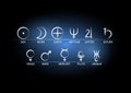 Vector illustration set astronomical symbols of planets white on black with blue background. Royalty Free Stock Photo