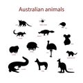 Vector illustration, set of australian animal silhouettes. Quoll, redback spider, kiwi, numbat, platypus, koala, wombat