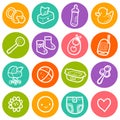 Vector illustration set with baby round icons. Children toys, diapering, feeding items, stroller, bath