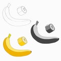 Vector illustration set. Banana and a piece of banana. Black line, black and white and color image