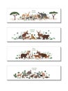 Vector set of banners with African, American, Asian and Australian animals. Okapi, impala, lion, chameleon, zebra, lemur