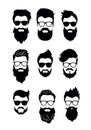 Vector illustration of set of vector bearded men faces, hipsters with different haircuts, mustaches, beards. Silhouettes