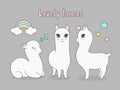 Vector illustration set of beautiful cute llama alpaca. Happy lama, in love, sleeping alpaca with stars and rainbow in Royalty Free Stock Photo