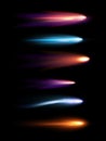 Vector illustration set of beautiful different shapes meteors, comets and fireballs with lighting effect in black galaxy