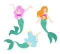 Vector illustration set of beautiful swimming mermaids with pink, blue and orange hair in different poses in flat Royalty Free Stock Photo
