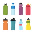 Vector illustration set of bicycle plastic bottle for water in different shaps and colors. Container water bottles for Royalty Free Stock Photo