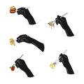 Vector illustration set of black hands silhouette hold forks with coloured food