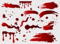 Vector illustration set of blood spots, smears, spilled red paint, paint splatters. Halloween concept, ink or blood