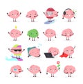 Vector illustration set of brain emoji, emotion brainy character in different positions and emotions, brainstorming set Royalty Free Stock Photo