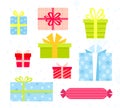 Vector illustration set of bright and colorful gift boxes. Present boxes in flat cartoon style for Christmas and Royalty Free Stock Photo