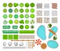 Vector illustration set of bright colorful parck elements for landscape design. Top view of trees, plants, outdoor Royalty Free Stock Photo