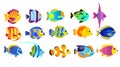 Vector illustration set of bright colors tropical fishes isolated on white background in flat cartoon style. Royalty Free Stock Photo