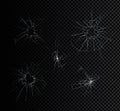 Vector illustration set of broken glass effects set with cracks and holes on dark transparent background, broken Royalty Free Stock Photo