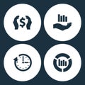 Vector Illustration Set Business Icons. Elements Money in hand, Vector growing graph, Vector clock update and Graph icon