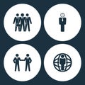 Vector Illustration Set Business Icons. Elements team, Business man with clock head, Friendly handshake and Man standing on the gl