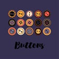 Vector illustration of set of buttons on dark blue background. Cartoon design for handmade lovers, wrapping etc Royalty Free Stock Photo