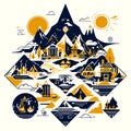 Vector illustration of a set of camping icons. Camping in the mountains. Generative AI Royalty Free Stock Photo
