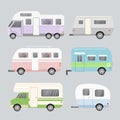 Vector illustration set of camping trailers. Concept of travel mobile home isolated on light grey background in flat