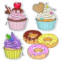 Vector illustration. Set candy, cupcakes, cakes and doughnuts.