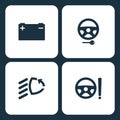 Vector Illustration Set Car Dashboard Icons. Elements car battery, Steering lock, low beam, and Power steering system icon Royalty Free Stock Photo