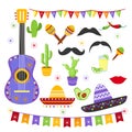 Vector illustration set of carnaval fiesta elements in bright colors and mexican style. Cinco de Mayo collection Royalty Free Stock Photo