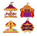 Vector illustration set of carnival circus emblems, icons with tent, carousels, flags isolated on white background in Royalty Free Stock Photo