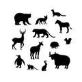 Set of animal silhouettes. Bear, fox, weasel, impala, tiger, zebra, penguin, okapi, echidna, squirrel, quoll, hare, yak Royalty Free Stock Photo