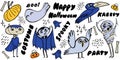 Vector illustration set of cartoon assorted Halloween accessories Bat, pumpkin, crow, bird, boy in suit, vampire, mummy, ghost. Royalty Free Stock Photo