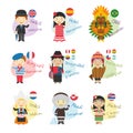 Set of cartoon characters saying hello and welcome in 9 languages spoken in America