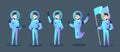 Vector illustration set of cartoon characters spaceman in different positions, moving cosmonaut in spacesuit and helmet