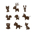 Vector illustration, set of cartoon cute animal silhouettes. Cat, deer, rabbit, dog, fox, squirrel, bear, cow, horse Royalty Free Stock Photo