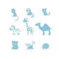 Vector illustration, set of cartoon cute funny animal silhouettes. Monkey, raccoon, cat, zebra, giraffe, camel, bear