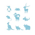 Vector illustration, set of cartoon cute funny animal silhouettes. Penguin, armadillo, impala, vole, urial, numbat Royalty Free Stock Photo