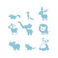 Vector illustration, set of cartoon cute funny animal silhouettes. Skunk, xerus, elk, okapi, elephant, lion, rhinoceros