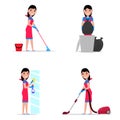 Vector illustration of a set cartoon girl cleaning