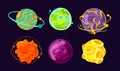 Vector illustration set of cartoon planets, Space, asteroid, colorful fantastic world icons.