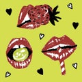 Vector illustration set of cartoon red lips and heart. Separated objects on yellow background