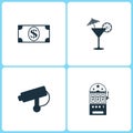 Vector Illustration Set Casino Icons. Elements of Dollar , Cocktail, Camera and Casino icon