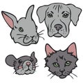 Vector illustration set with cat, rabbit, dog and mouse faces. Royalty Free Stock Photo