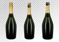 Vector illustration of set of champagne bottles or sparkling wine in photorealistic style. Open, closed, with foil. A