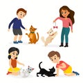 Vector illustration set of children and cats. Happy, funny kids playing, love and taking care of kittens, pet animals in Royalty Free Stock Photo