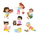 Vector illustration set of children play with toys. Little girl riding a wooden horse, boy hugging a teddy bear and