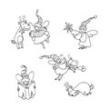 Vector illustration of a set of Christmas angels and deer who fly, have fun and celebrate. Hand drawing line art Christmas