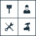 Vector Illustration Set Cinema Icons. Elements of Brush, Builder, Screwdriver and Hand holding hammer icon